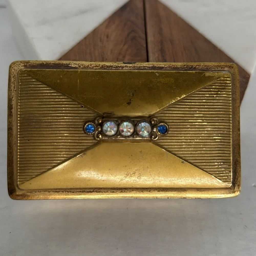 Estate Brass Jewelry Velvet Lined Casket with Gem Accents